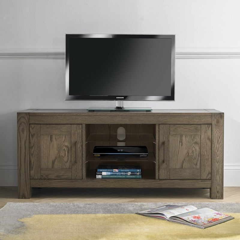 Dark Oak Entertainment Unit: 135cm Wide with Satin Nickel & Antique Bronze Handles & 4 Shelves