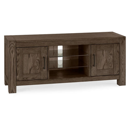 Dark Oak Entertainment Unit: 135cm Wide with Satin Nickel & Antique Bronze Handles & 4 Shelves