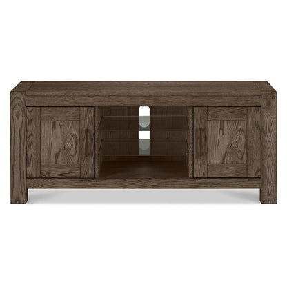 Dark Oak Entertainment Unit: 135cm Wide with Satin Nickel & Antique Bronze Handles & 4 Shelves