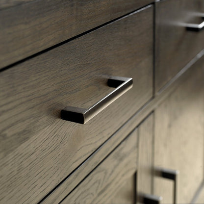 Dark Oak Entertainment Unit: 135cm Wide with Satin Nickel & Antique Bronze Handles & 4 Shelves