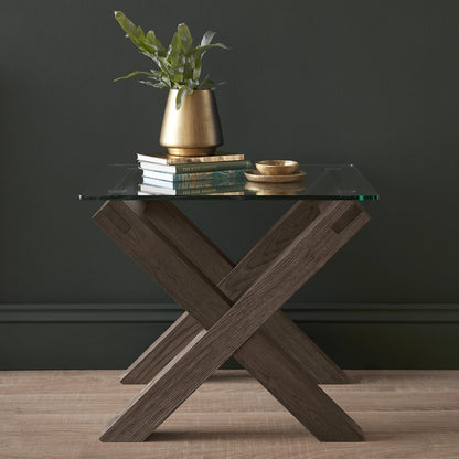 Dark Oak Lamp Table with Square Tempered Glass Top