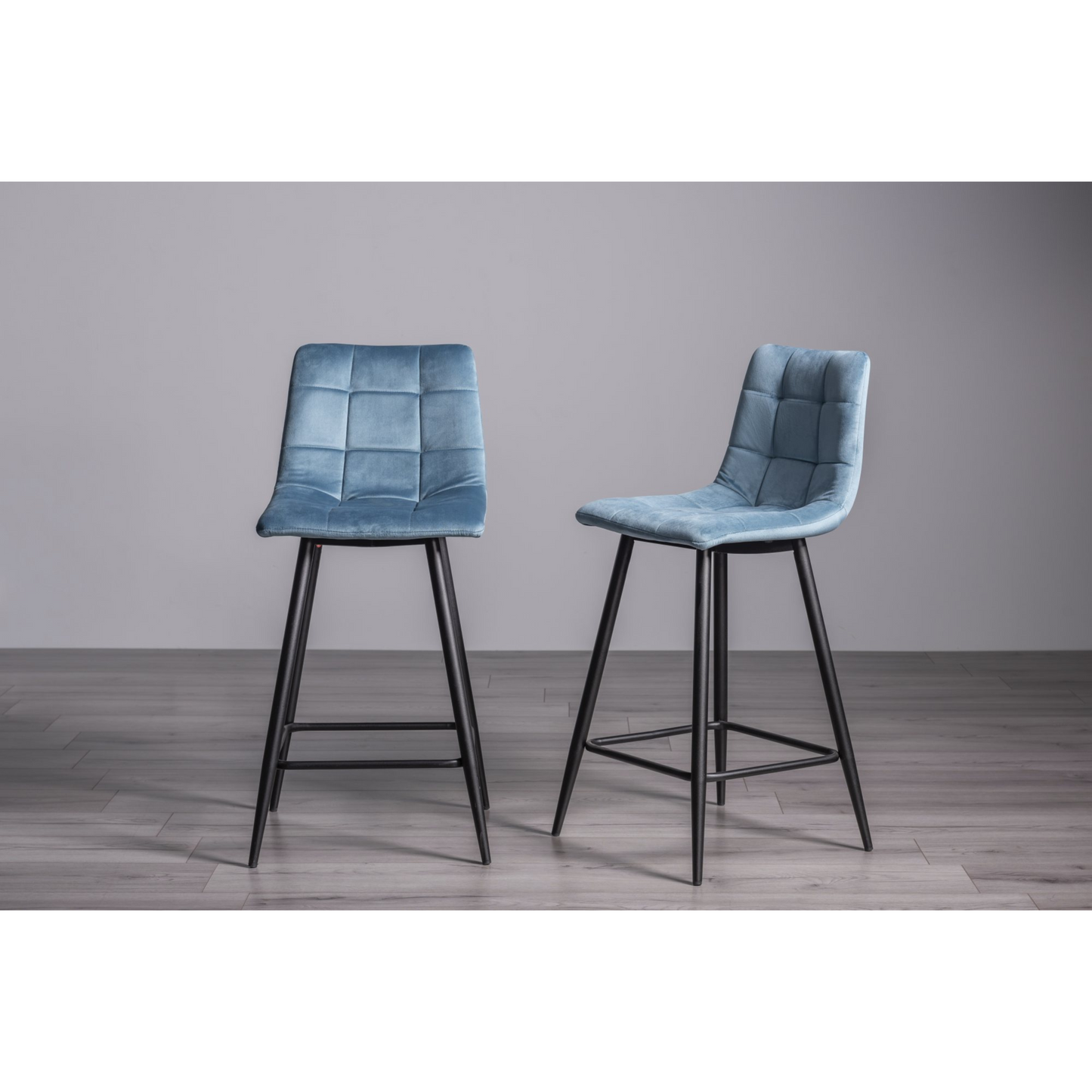 Pair of Velvet Stools with Square Stitched Upholstery and Sand Black Metal Legs in a Choice of Three Colours