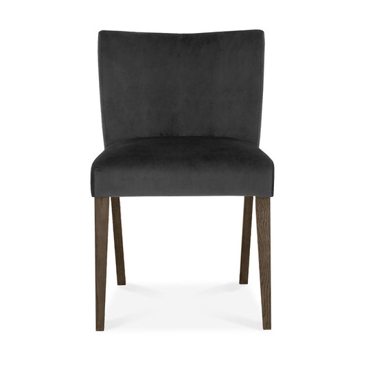 Pair of Dark Oak Low Back Upholstered Chairs - Gun Metal Velvet Fabric