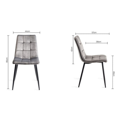 Pair of Velvet Dining Chairs with Square Stitched Upholstery and Sand Black Metal Legs in a Choice of Three Colours