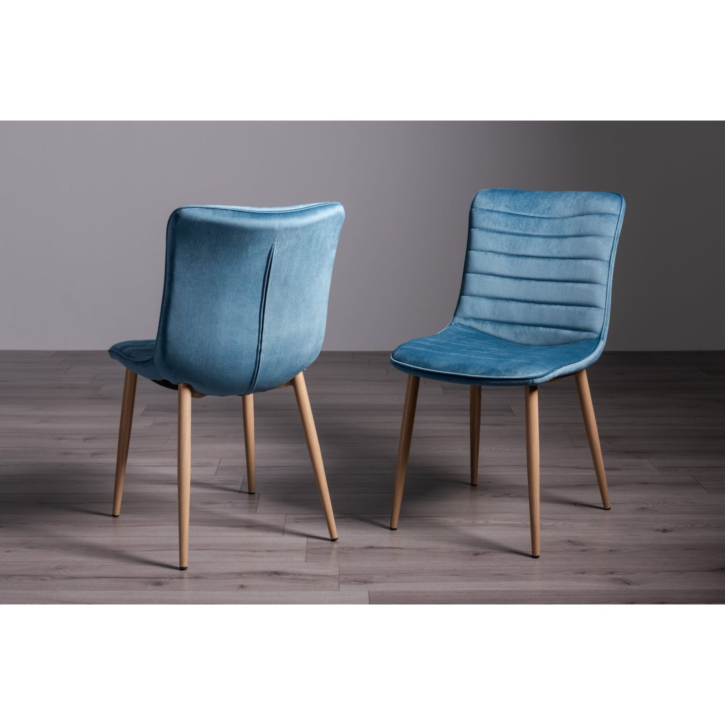 Pair of Velvet Dining Chairs with Horizontal Stitching and Oak Effect Wooden Legs in a Choice of Three Colours