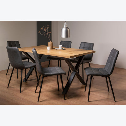 6 Seater 160cm Rectangle Oak Effect Dining Table with 6 Dark Grey Faux Leather Chairs