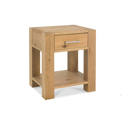 Chunky Light Oak Square Side Table with Soft Close Draw & Storage Shelf