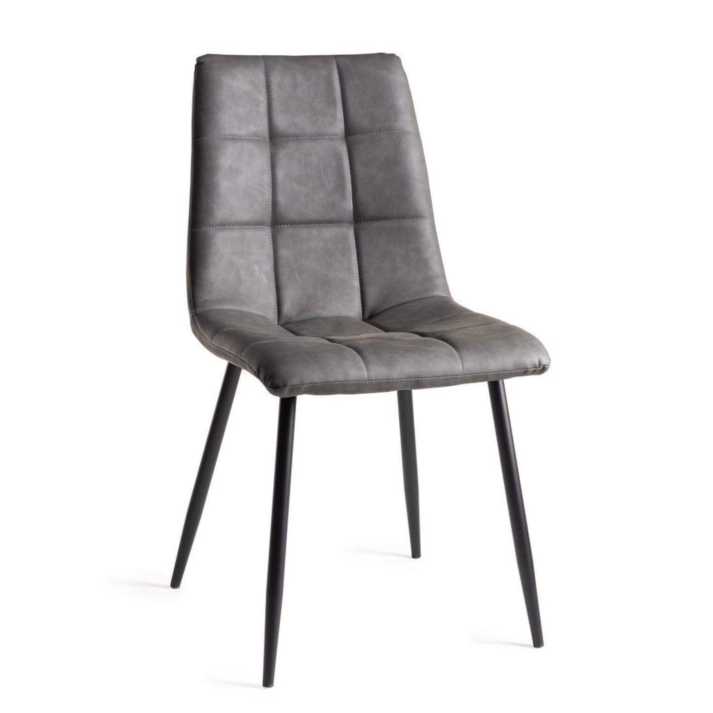 Pair of Dark Grey Faux Leather Dining Chairs with Square Stitched Upholstery and Sand Black Metal Legs