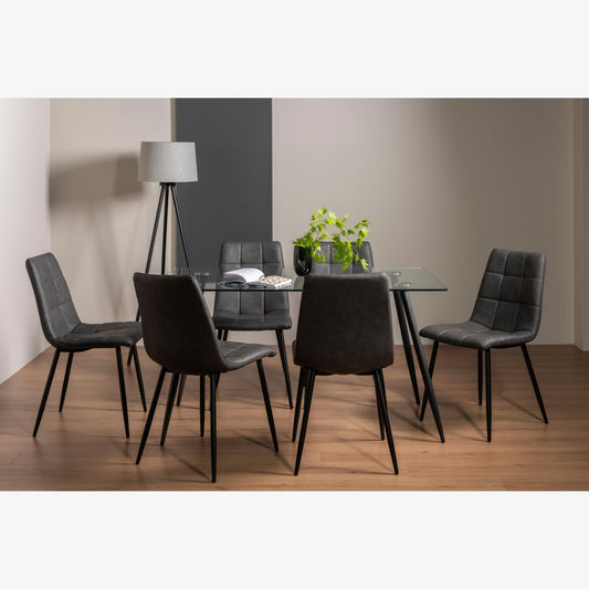 6 Seater Rectangle 140cm Tempered Glass Dining Table Set with 6 Dark Grey Faux Leather Chairs