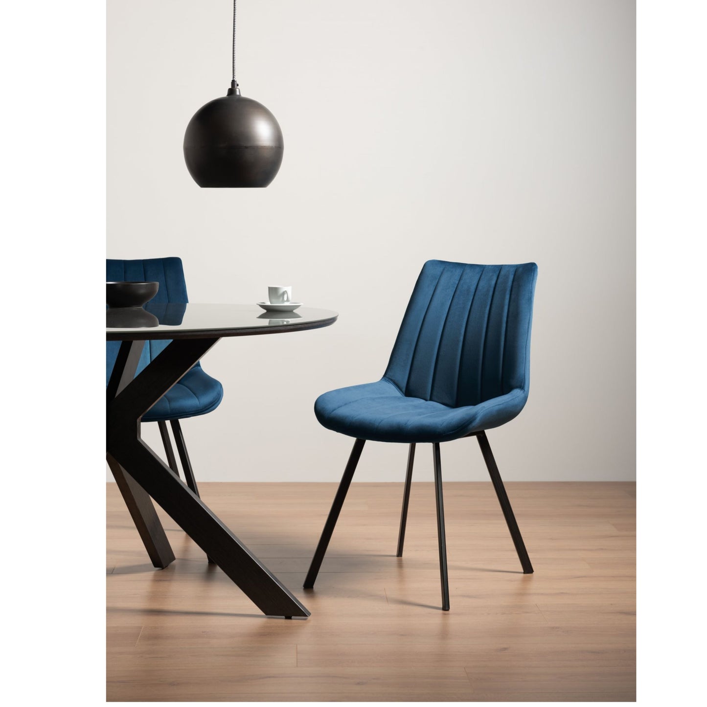 Pair of Velvet Dining Chairs with Vertical Stitching and Sand Black Metal Frame in a Choice of Three Colours