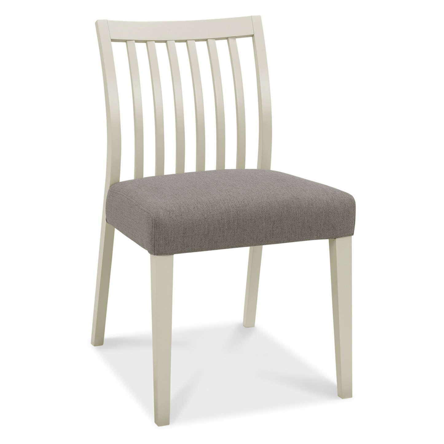 Pair of Grey Washed Low Slat Back Dining Chairs with with 100% Polyester Titanium Coloured Fabric Seat