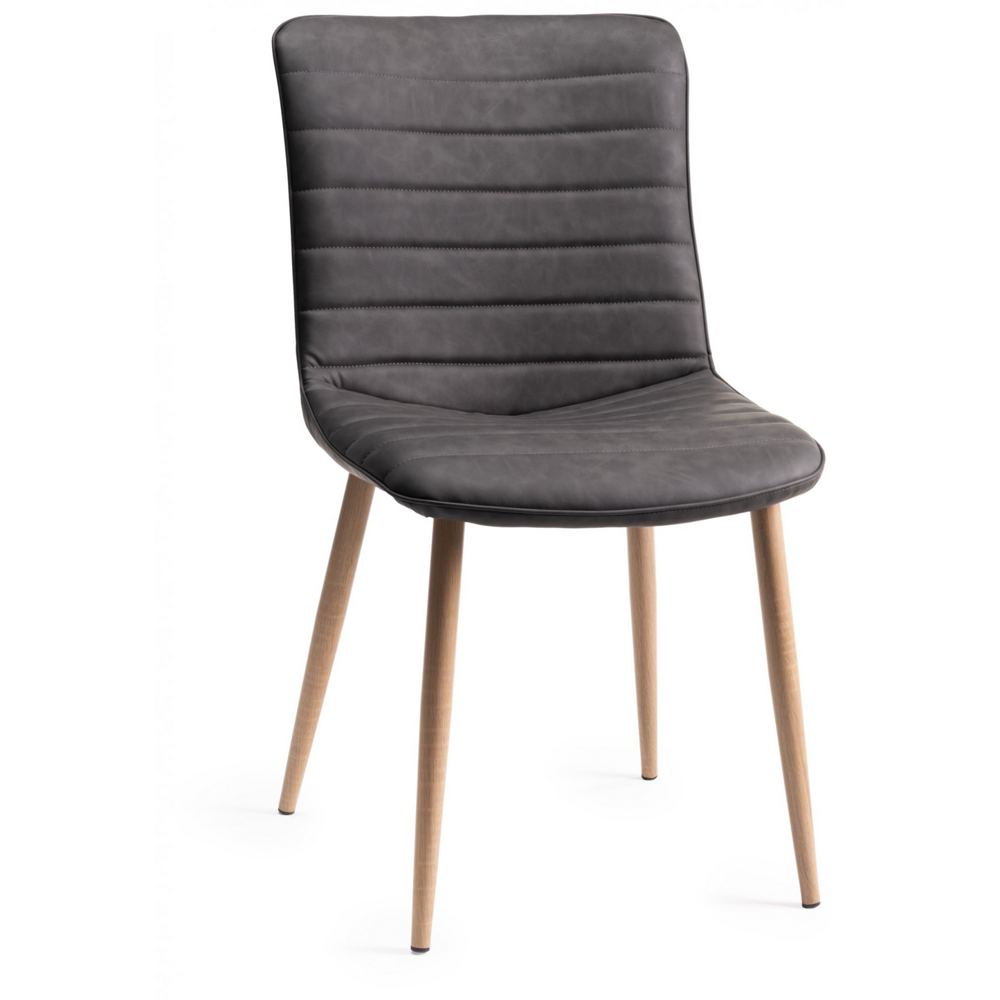 Pair of Faux Leather Dining Chairs in Dark Grey with Horizontal Stitching and Oak Effect Wooden Legs