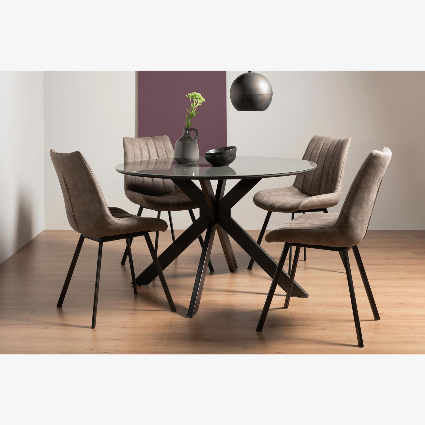 4 Seater 120/120cm Round Grey Table Set Featuring a Grey Oak Effect Frame with a Tempered Glass Top and 4 Tan Faux Suede Chairs