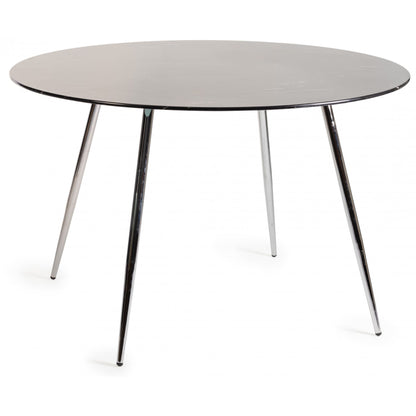 4 Seater Round 120cm Black Marble Effect Table with Tempered Glass and Nickel-Plated Round Metal Legs