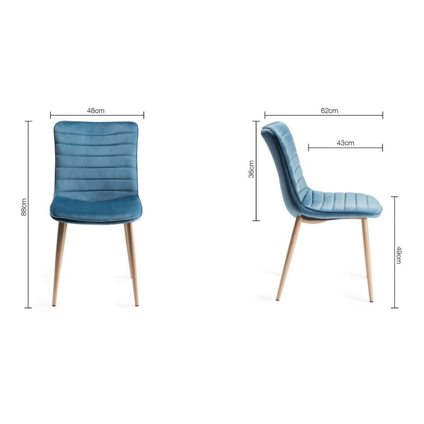 Pair of Velvet Dining Chairs with Horizontal Stitching and Oak Effect Wooden Legs in a Choice of Three Colours