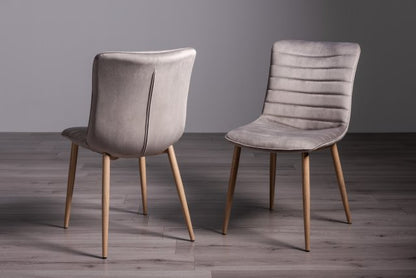 4 Seater 129cm White Scandi Oak Table Set and 4 Grey Velvet Fabric Chairs Featuring Rustic Oak Effect Legs