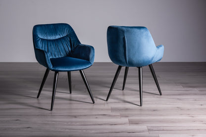 4 Seater 160cm Dining Table Featuring Rustic Oak Effect Top with Black Legs and 4 Blue Lux Velvet Armchairs