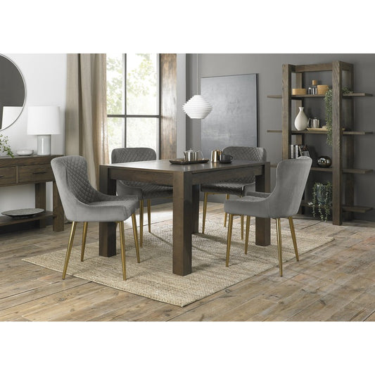 4-6 Seater Extending Dining Set: 125-165cm Table & 4 Grey Velvet Chairs with Matt Gold Legs