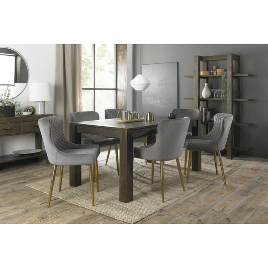 6-8 Seater Extending Dining Set: 165-225cm Table & 6 Grey Velvet Chairs with Matt Gold Legs