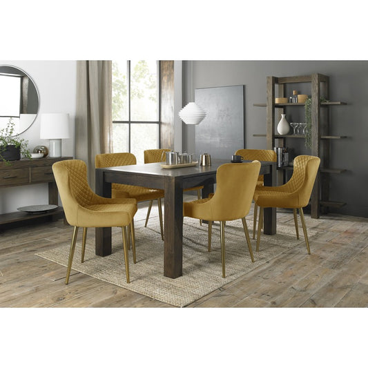 6-8 Seater Extending Dining Set: 165-225cm Table & 6 Mustard Velvet Chairs with Matt Gold Legs