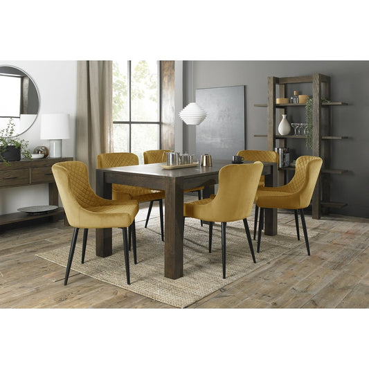 6-8 Seater Extending Dining Set: 165-225cm Table & 6 Mustard Velvet Chairs with Sand Black Legs