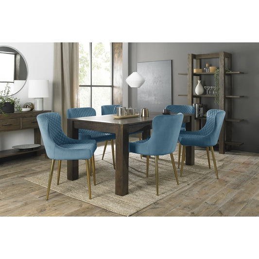 6-8 Seater Extending Dining Set: 165-225cm Table & 6 Petrol Blue Velvet Chairs with Matt Gold Legs