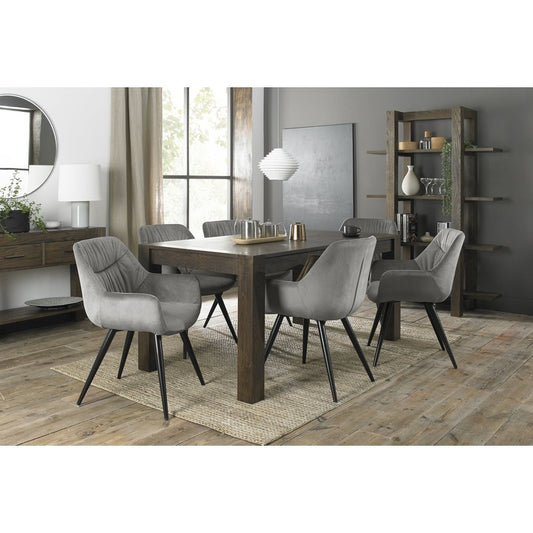 6-8 Seater Extending Dining Set: 165-225cm Table & 6 Grey Velvet Armchairs with Sand Black Legs