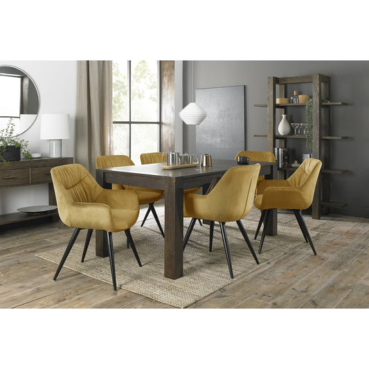 6-8 Seater Extending Dining Set: 165-225cm Table & 6 Mustard Velvet Armchairs with Sand Black Legs