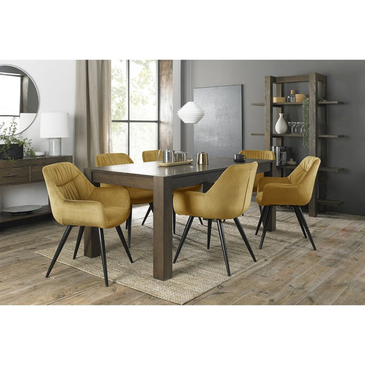 6-8 Seater Extending Dining Set: 185-245cm Table & 6 Mustard Velvet Dining Armchairs with Black Legs