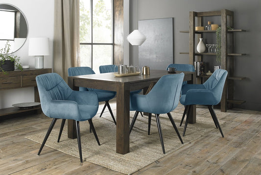 6-8 Seater Extending Dining Set: 165-225cm Table & 6 Petrol Blue Velvet Armchairs with Sand Black Legs