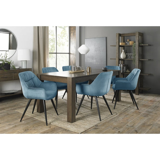 6-8 Seater Extending Dining Set: 185-245cm Table & 6 Petrol Blue Velvet Dining Armchairs with Black Legs