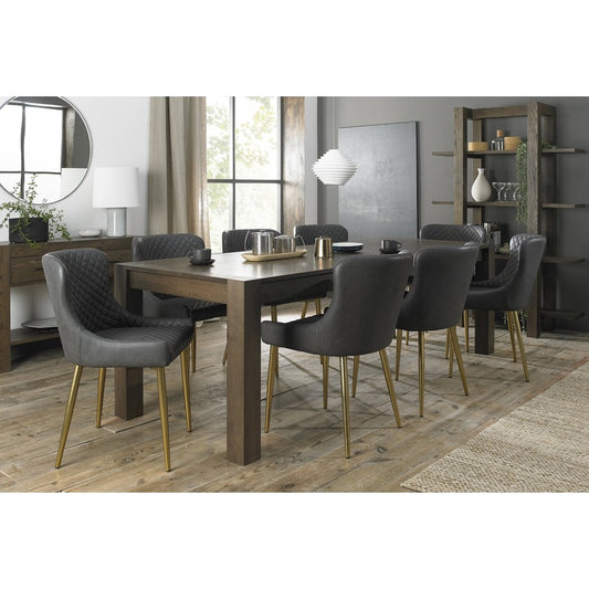 6-10 Seater Extending Dining Set: 185-245cm Table & 8 Dark Grey Faux Leather Chairs with Gold Legs