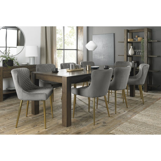 6-10 Seater Extending Dining Set: 185-245cm Table & 8 Grey Velvet Chairs with Matt Gold Legs