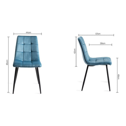 Pair of Velvet Dining Chairs with Square Stitched Upholstery and Sand Black Metal Legs in a Choice of Three Colours