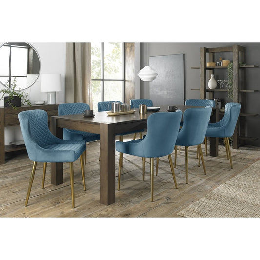 6-10 Seater Extending Dining Set: 185-245cm Table & 8 Petrol Blue Velvet Chairs with Matt Gold Legs