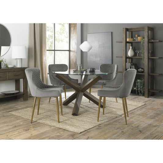 4-Seater Round Dining Set: 120cm Dark Oak Table with Glass Top & Grey Velvet Chairs with Gold Leg