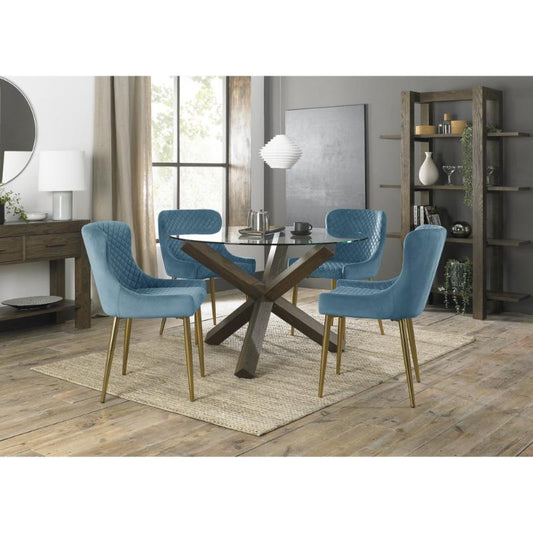 4-Seater Dining Set: 120cm Dark Oak Round Table & 4 Petrol Blue Velvet Chairs with Gold Legs