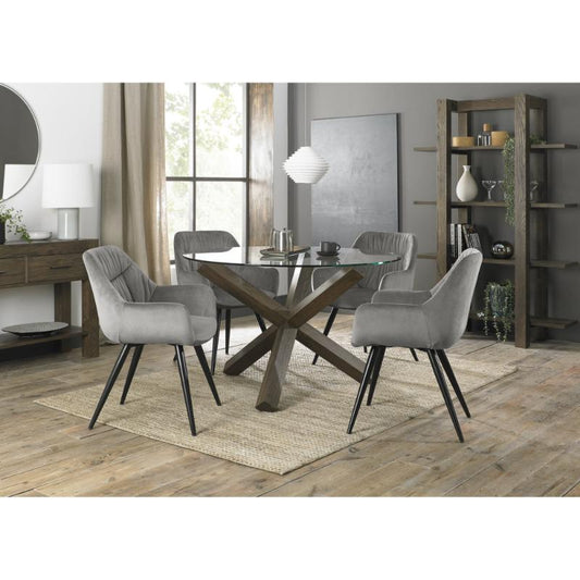 4-Seater Round Dining Set: 120cm Dark Oak Table & 4 Grey Velvet Dining Armchairs with Black Legs