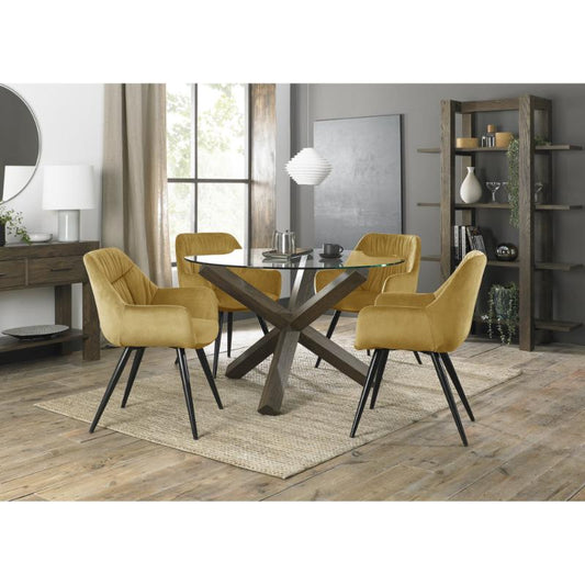 4-Seater Round Dining Set: 120cm Dark Oak Table & 4 Mustard Velvet Dining Armchairs with Black Legs