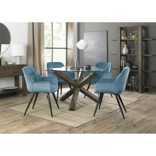 4-Seater Round Dining Set: 120cm Dark Oak Table & 4 Petrol Blue Velvet Dining Armchairs with Black Legs