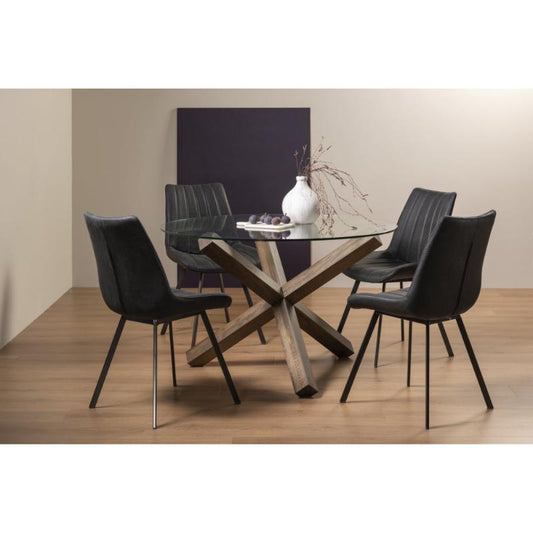 4-Seater Round Dining Set: 120cm Dark Oak Table & 4 Dark Grey Faux Suede Chairs with Black Legs