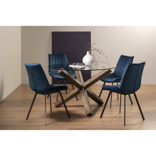 4-Seater Round Dining Set: 120cm Dark Oak Table & 4 Blue Velvet Chairs with Black Legs