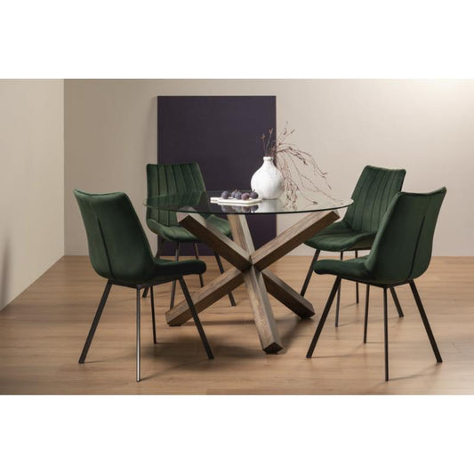 4-Seater Round Dining Set: 120cm Dark Oak Table & 4 Green Velvet Chairs with Black Legs