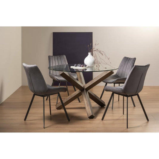 4-Seater Round Dining Set: 120cm Dark Oak Table & 4 Grey Velvet Chairs with Black Legs