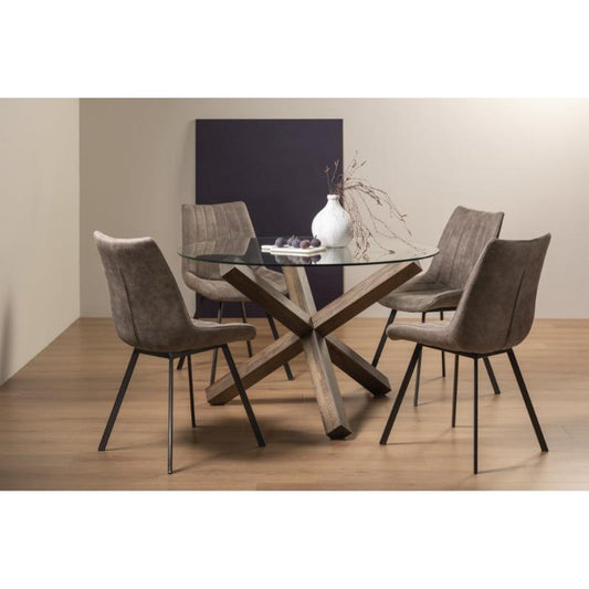 4-Seater Round Dining Set: 120cm Dark Oak Table & 4 Tan Faux Suede Chairs with Black Legs