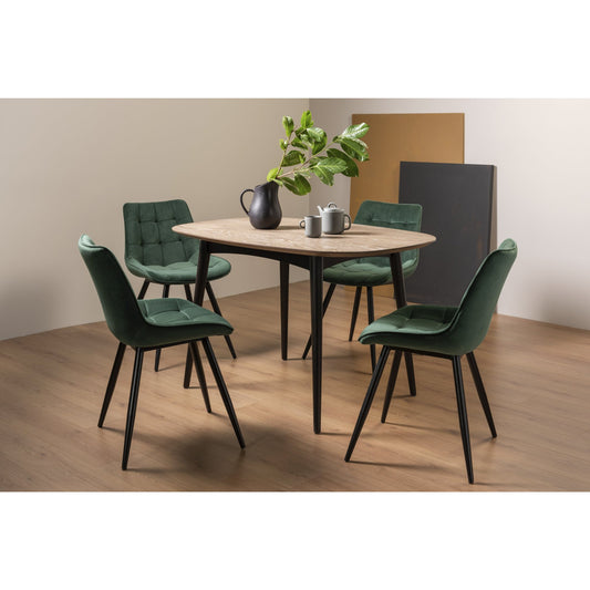 4 Seater 129cm Weathered Oak Table Set with 4 Green Shaped Velvet Dining Chairs Featuring Black Legs and Square Stitched Upholstery