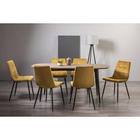 6 Seater 175cm Weathered Oak Table Set with 6 Velvet Mustard Dining Chairs Featuring Black Legs and Square Stitched Upholstery