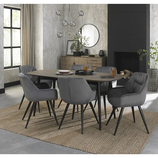 6 Seater 175cm Weathered Oak Table Set with 6 Grey Velvet Armchairs Featuring Black Legs and a Pleated Pattern