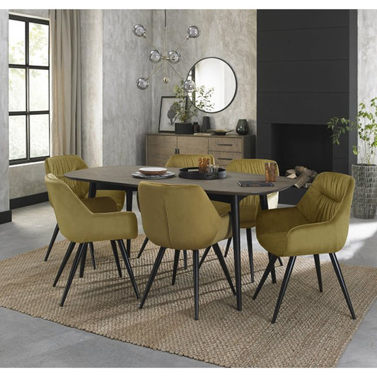 6 Seater 175cm Weathered Oak Table Set with 6 Mustard Velvet Armchairs Featuring Black Legs and a Pleated Pattern