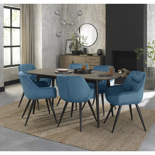 6 Seater 175cm Weathered Oak Table Set with 6 Blue Velvet Armchairs Featuring Black Legs and a Pleated Pattern